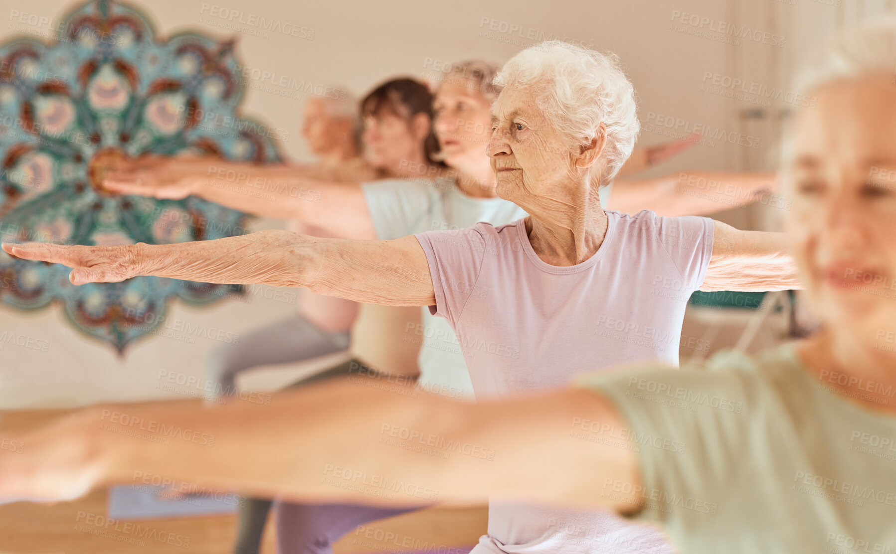 Buy stock photo Yoga fitness, class and senior women training for elderly wellness, health and retirement self care in pilates studio. Healthcare, body workout and calm group of people exercise for healthy lifestyle