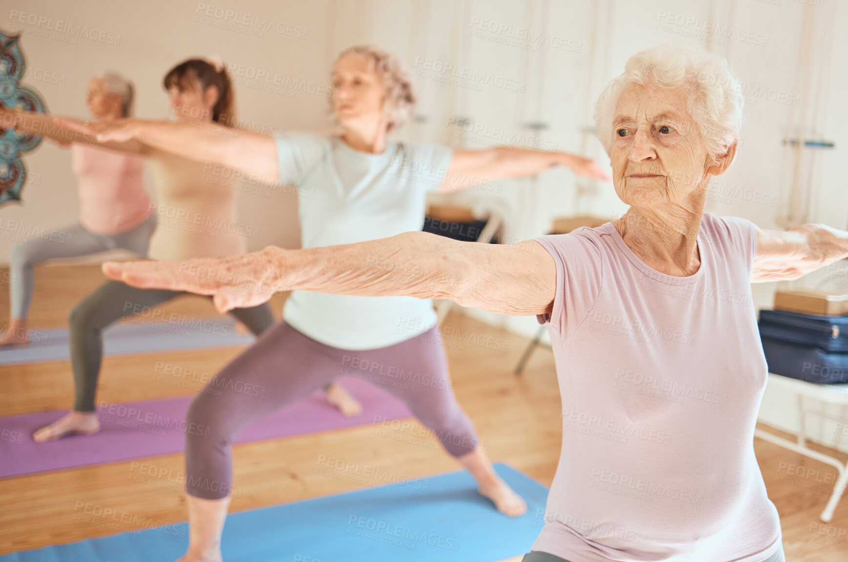 Buy stock photo Exercise, yoga and group of senior women in gym training for fitness, healthcare and wellness. Pilates, meditation and retired females stretching arms in fitness center for balance workout together.
