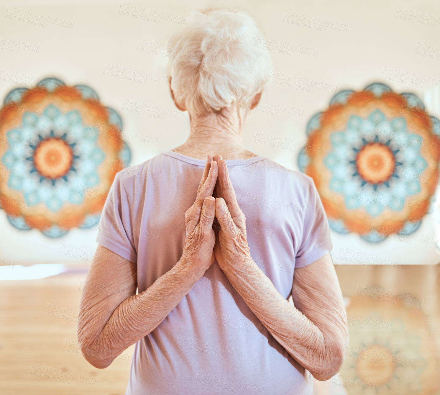 Buy stock photo Elderly woman in pose for yoga, flexibility and fitness in studio, hands with arms stretching and vitality in old age. Balance, exercise and chakra with peace and body training and wellness.