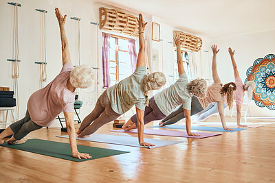 Buy stock photo Yoga, class and group for elderly woman in health, fitness or zen meditation on gym floor. Workout, women and stretching for wellness, peace or calm balance exercise in mindfulness training together