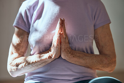 Buy stock photo Elderly woman, yoga prayer and meditation in retirement for spiritual health healing, faith in religion and wellness support. Senior, zen energy and mindfulness exercise to relax and  detox the mind 