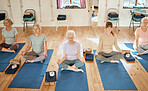 Elderly woman, yoga and meditation for spiritual health, wellness or calm zen relaxation exercise in the studio. Senior women relaxing in yoga class and meditating for healthy fitness, mind and body