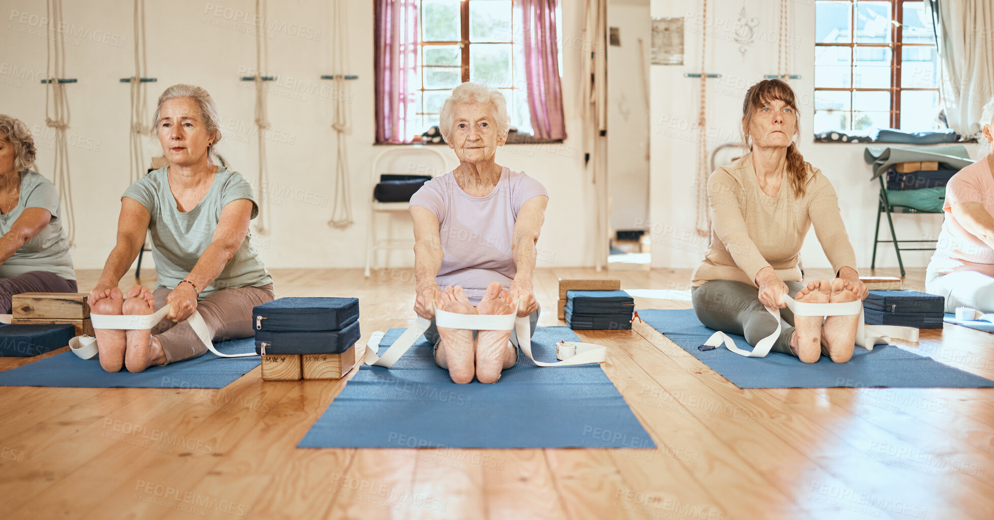 Buy stock photo Yoga, exercise and senior women for balance, peace and wellness in a zen health studio together. Fitness, retirement and elderly friends doing a pilates workout for mind, body and spiritual wellness.