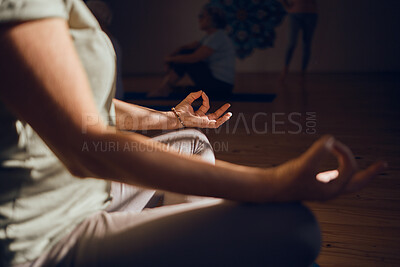 Buy stock photo Meditation, zen and lotus hands, mindfulness and chakra balance with yoga and positive energy in fitness studio. Woman meditate, wellness motivation and peace, calm with stress relief and relax.