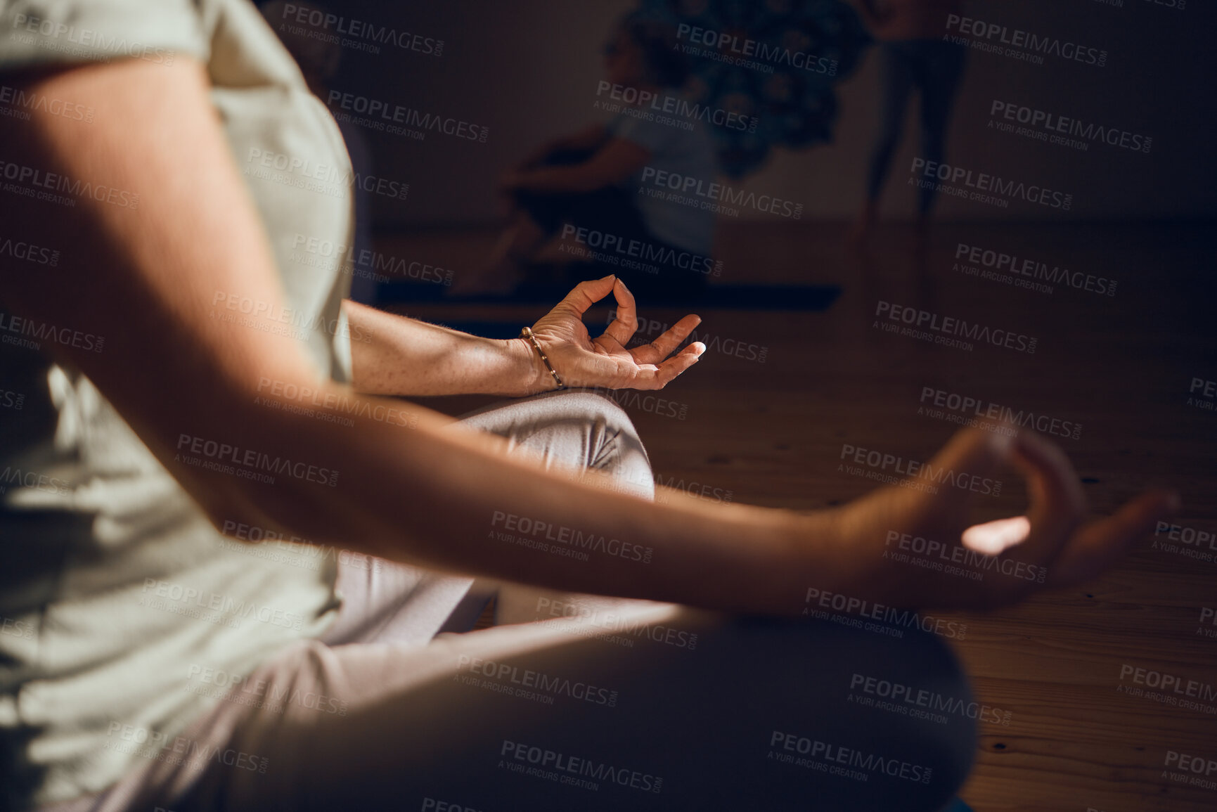 Buy stock photo Meditation, zen and lotus hands, mindfulness and chakra balance with yoga and positive energy in fitness studio. Woman meditate, wellness motivation and peace, calm with stress relief and relax.