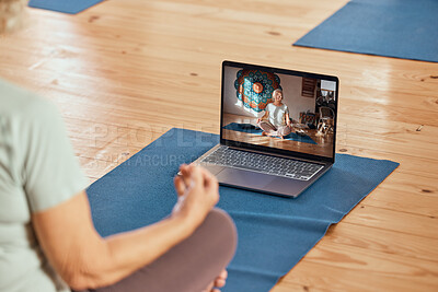 Buy stock photo Yoga, laptop and woman doing video exercise for health, wellness and balance in zen studio. Calm, peace and healthy lady with meditation or pilates workout with online tutorial guidance with computer