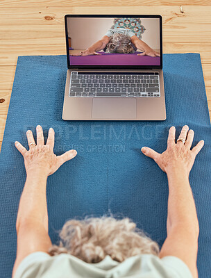 Buy stock photo Computer, digital yoga and gym class of a woman fitness, exercise and wellness workout at home. Pilates, stretching and living room training video with technology streaming virtual health meditation 