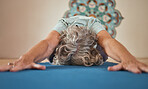 Senior woman, yoga stretching and floor in gym exercise, workout or fitness training routine. Elderly yogi, studio and balance for wellness, health or zen mindfulness for healthy spiritual mindset