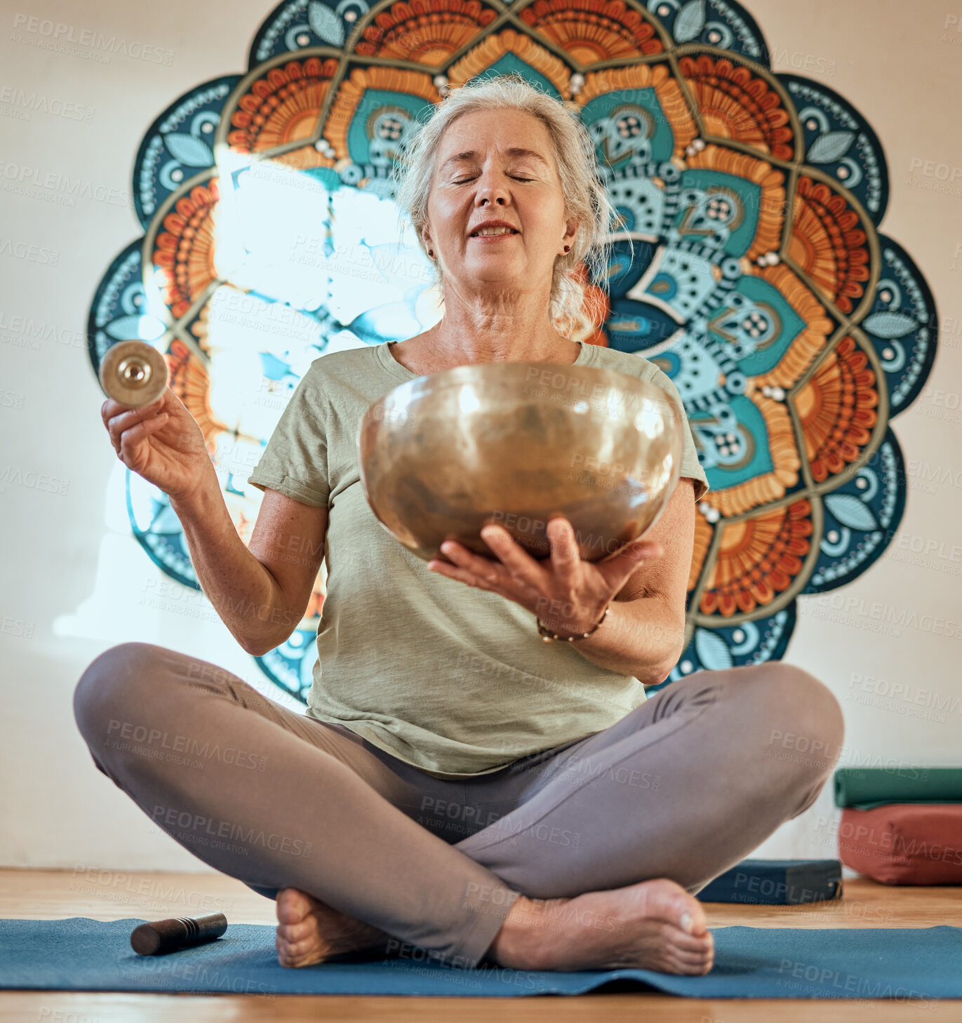 Buy stock photo Senior woman, yoga and meditation in fitness studio for body health and wellness motivation with gold bowl and mandala. Spiritual, energy and balance with mindfulness and zen, healthy and peace.