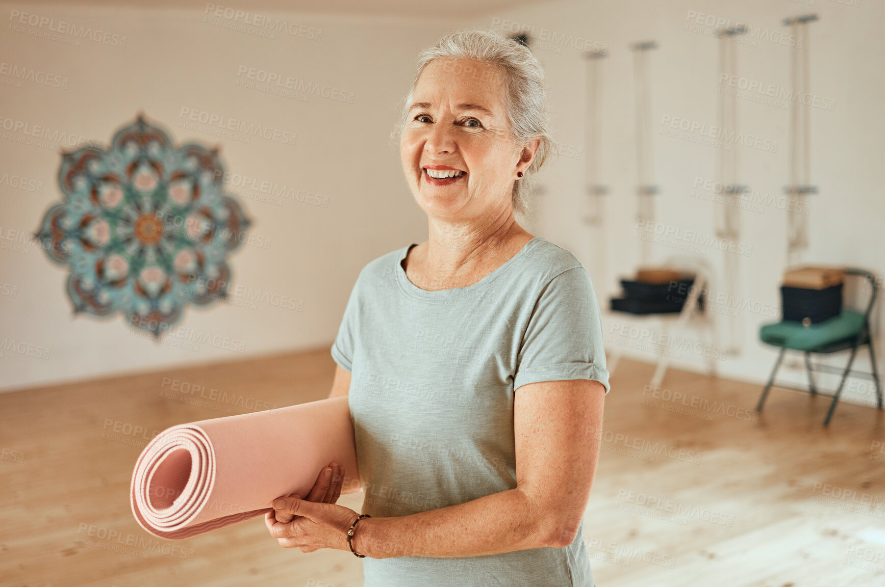 Buy stock photo Senior woman, yoga and mat, portrait and fitness, wellness and healthy lifestyle in sports studio, gym and club. Happy old woman, retirement and yoga mat for pilates workout, exercise and happiness 