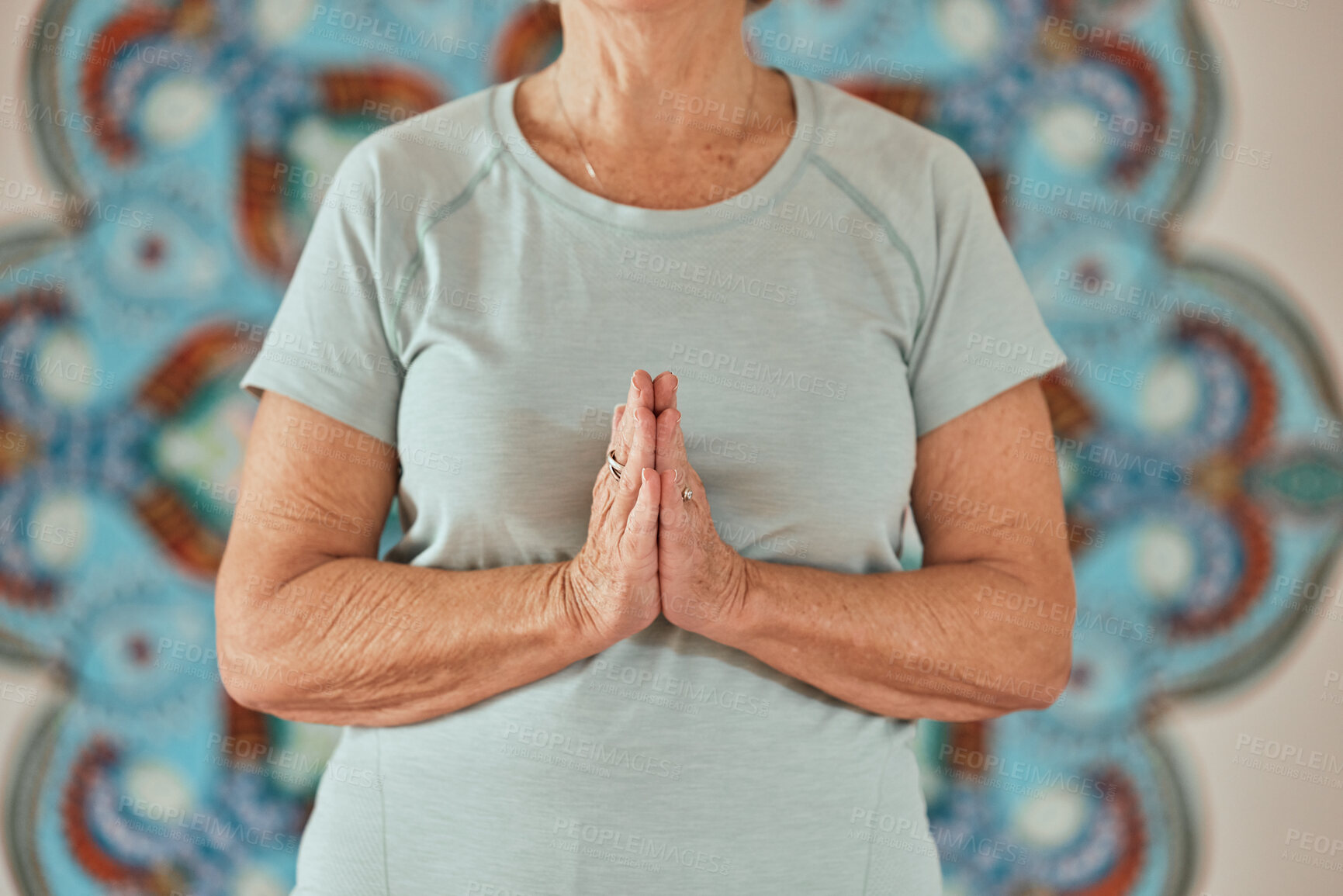 Buy stock photo Yoga, meditation and praying senior hands or woman in creative zen studio for spiritual, wellness and healing zoom. Peace, calm and prayer hand sign person meditate for faith, care and soul healing