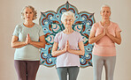 Senior, women and meditation with yoga and prayer pose for chakra balance and peace in fitness studio. Portrait of elderly yogi people, positive energy and wellness with zen, health and mandala.