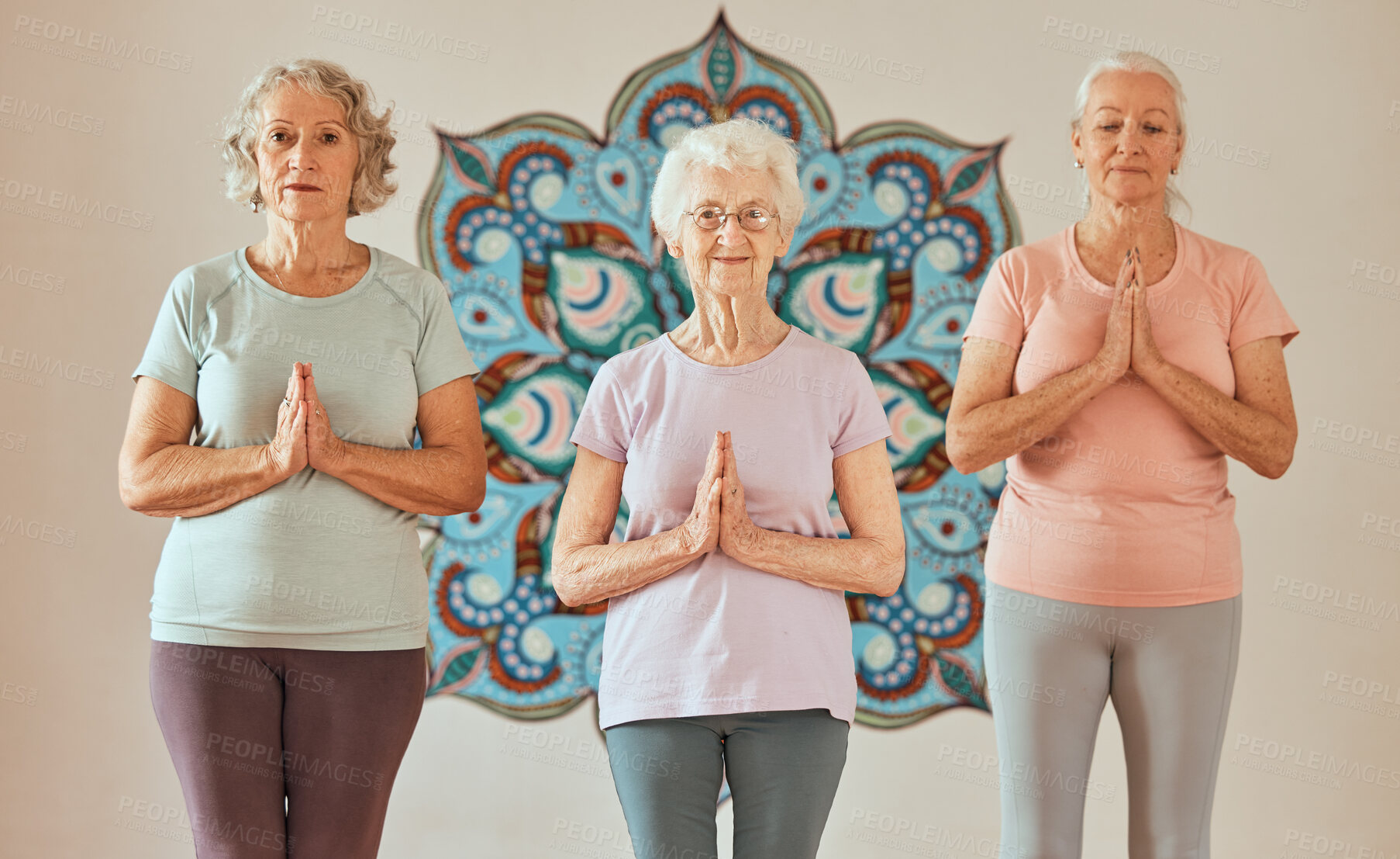 Buy stock photo Senior, women and meditation with yoga and prayer pose for chakra balance and peace in fitness studio wall. Portrait of elderly yogi people, positive energy and wellness with zen, health and mandala.