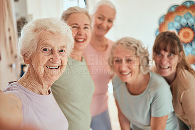 Buy stock photo Elderly woman, friends and yoga selfie for healthy wellness, zen or fun spiritual training together at the studio. Portrait of happy senior women with smile for yoga class, photo or social activity