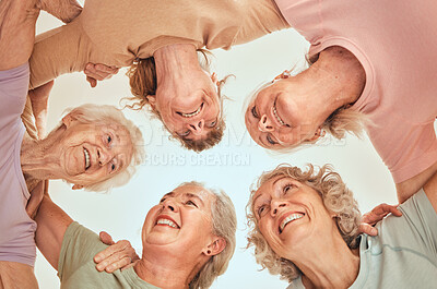 Buy stock photo Fitness, goals and senior women in a circle for team building, motivation and community support. Retirement, below or happy elderly friends with mission after yoga class training, workout or exercise