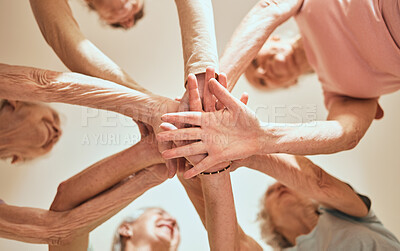 Buy stock photo Senior, hands together and motivation with team building and elderly women friends with happiness, Collaboration, support and retirement solidarity of people in a nursing home showing teamwork