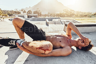 Buy stock photo Injury, blood and knee with a topless man crying in agony after a fall or accident to damage his body. Pain, skin and medical with a shirtless male suffering a gash to his joint in an emergency