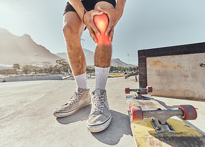 Buy stock photo Skateboard man, injury and knee pain, legs and muscle accident, emergency and first aid risk with graphic red glow at skatepark. Joint pain, bone health and wound of skateboarder in sports accident 