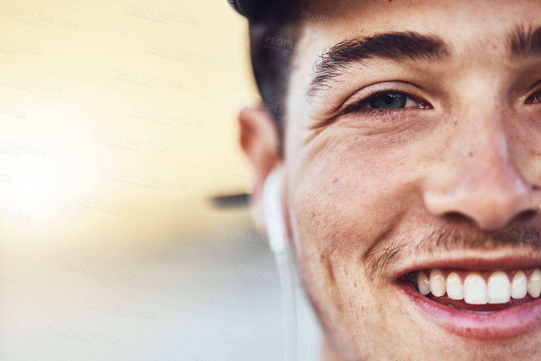 Buy stock photo Man, face or music earphones in city or vision ideas, innovation inspiration or humanity eyes on Canada mockup space. Portrait, smile or happy student listening to radio, relax podcast or media audio