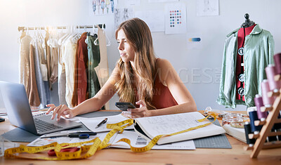 Buy stock photo Laptop, fashion and woman designer working on an online design with technology in a workshop. Creative, tech and female small business owner planning a clothing collection on a computer in her studio