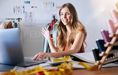 Buy stock photo Woman, laptop and fashion on video call for communication, meeting or discussion at the office. Happy female fashion designer or stylist with smile for video conference on computer for business plan