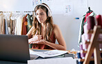 Computer video call, thumbs up and woman clothing designer with headphones and yes hand sign. Thank you, business success and motivation hands gesture of a creative worker working online on tech