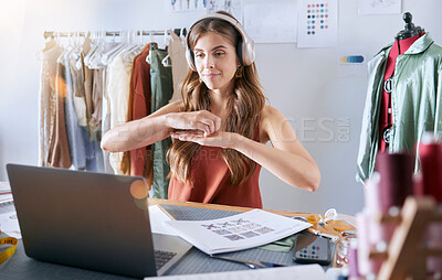 Buy stock photo Fashion design, video call and woman with laptop in workshop for online meeting or webinar. Retail, commercial startup and girl designer on computer for video conference with client in design studio