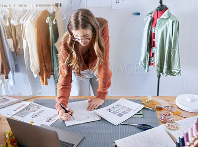 Buy stock photo Design illustration, clothes designer and fashion employee working on creative design information. Textile, tailor and sewing planning of a woman planning a drawing, sketch and  workshop studio job