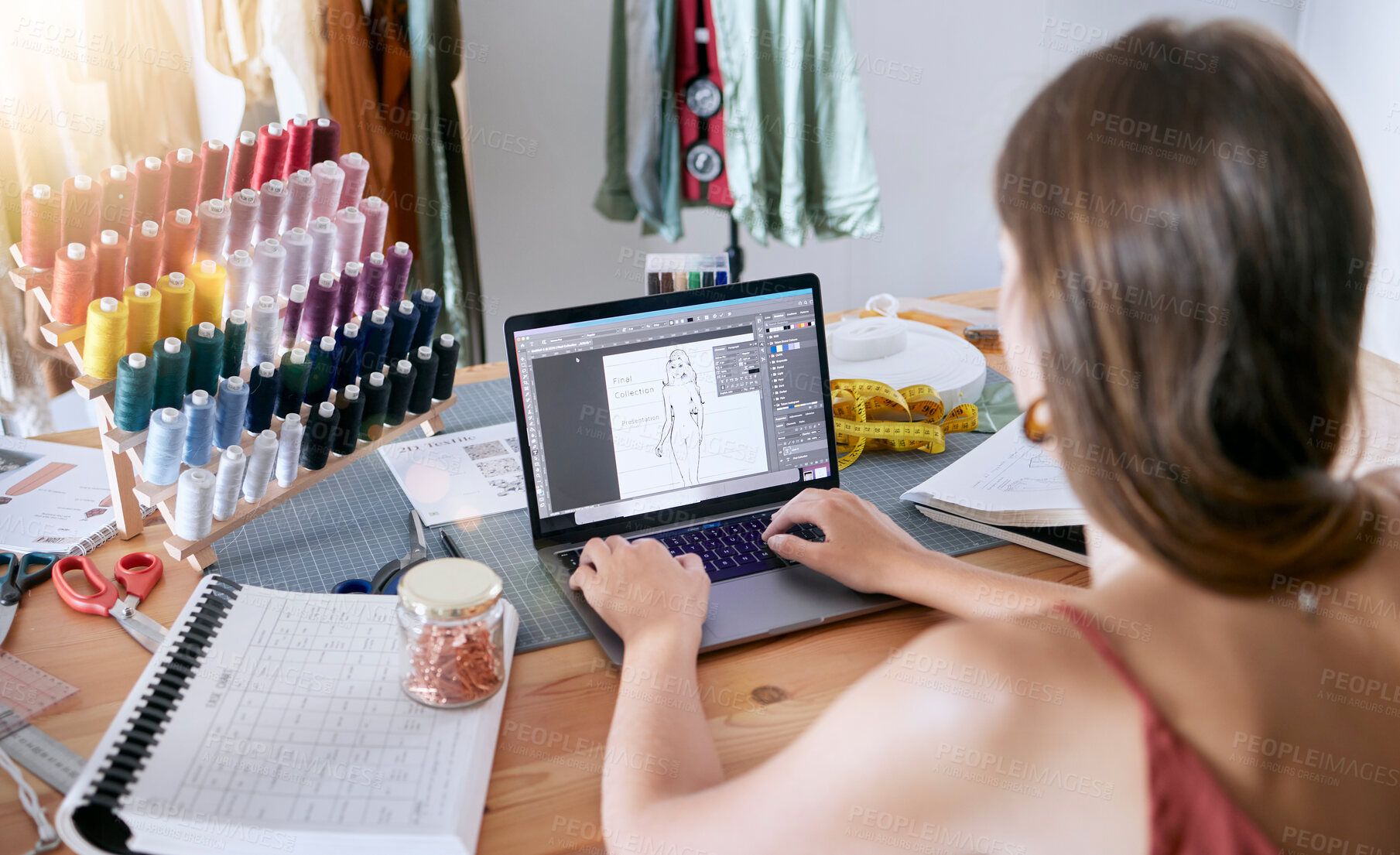 Buy stock photo Fashion, clothes and digital designer woman working on a computer planning clothing production. Online, web and textile design of a seamstress, tailor and stylist employee in a creative work studio