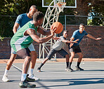 Basketball, game and fitness men team exercise with sport teamwork and athlete training. Outdoor basketball court with sports workout and wellness cardio of people in urban competition collaboration