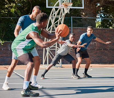 Buy stock photo Basketball, game and fitness men team exercise with sport teamwork and athlete training. Outdoor basketball court with sports workout and wellness cardio of people in urban competition collaboration