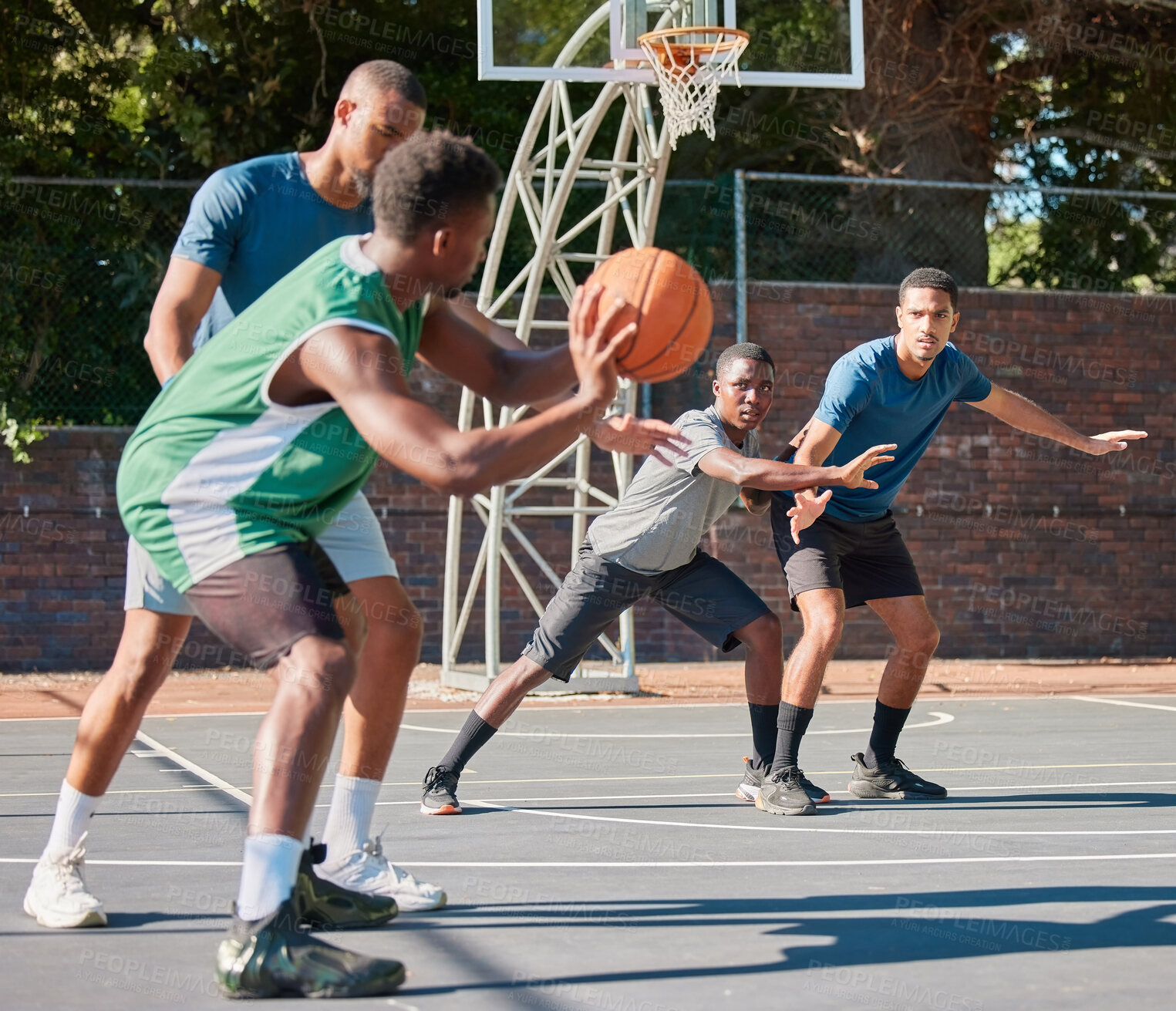 Buy stock photo Basketball, game and fitness men team exercise with sport teamwork and athlete training. Outdoor basketball court with sports workout and wellness cardio of people in urban competition collaboration