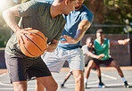 Basketball, team and training on court for competition, game plan and outdoor for health, wellness and fitness together. Exercise, match and teamwork with ball, practice and workout for collaboration
