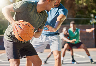 Buy stock photo Basketball, team and training block on court for competition, game plan and outdoor for health, wellness and fitness together. Defend, match and teamwork with ball, practice and workout for exercise.