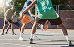 Sports, training and teamwork with friends on basketball court for fitness, health and performance. Competition, games and summer with basketball player for exercise, workout and energy together
