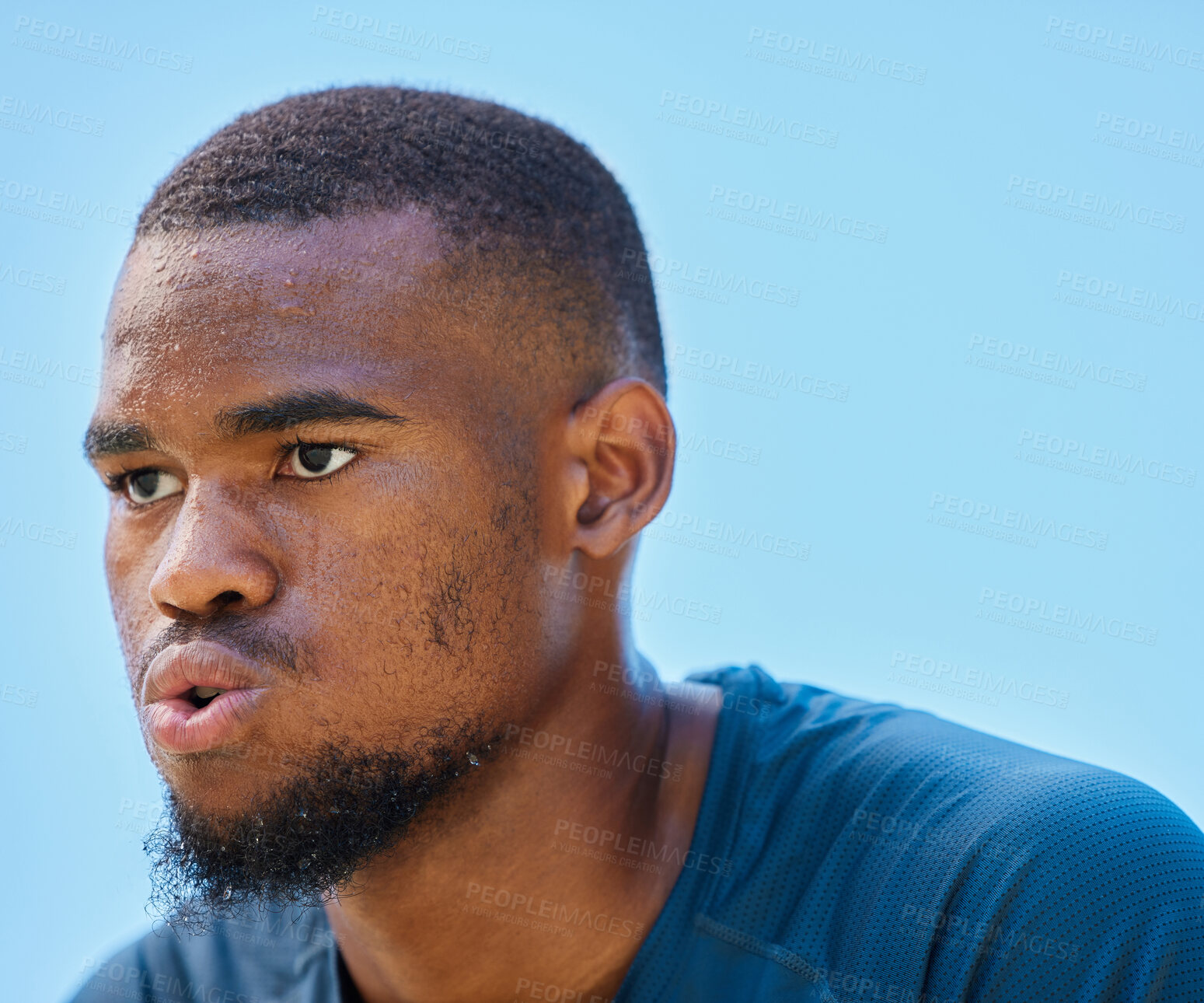 Buy stock photo Face, sports fitness and black man in nature ready for workout, exercise or training. Basketball, blue sky or serious male athlete from Nigeria with vision, focus or thinking about goals outdoors.