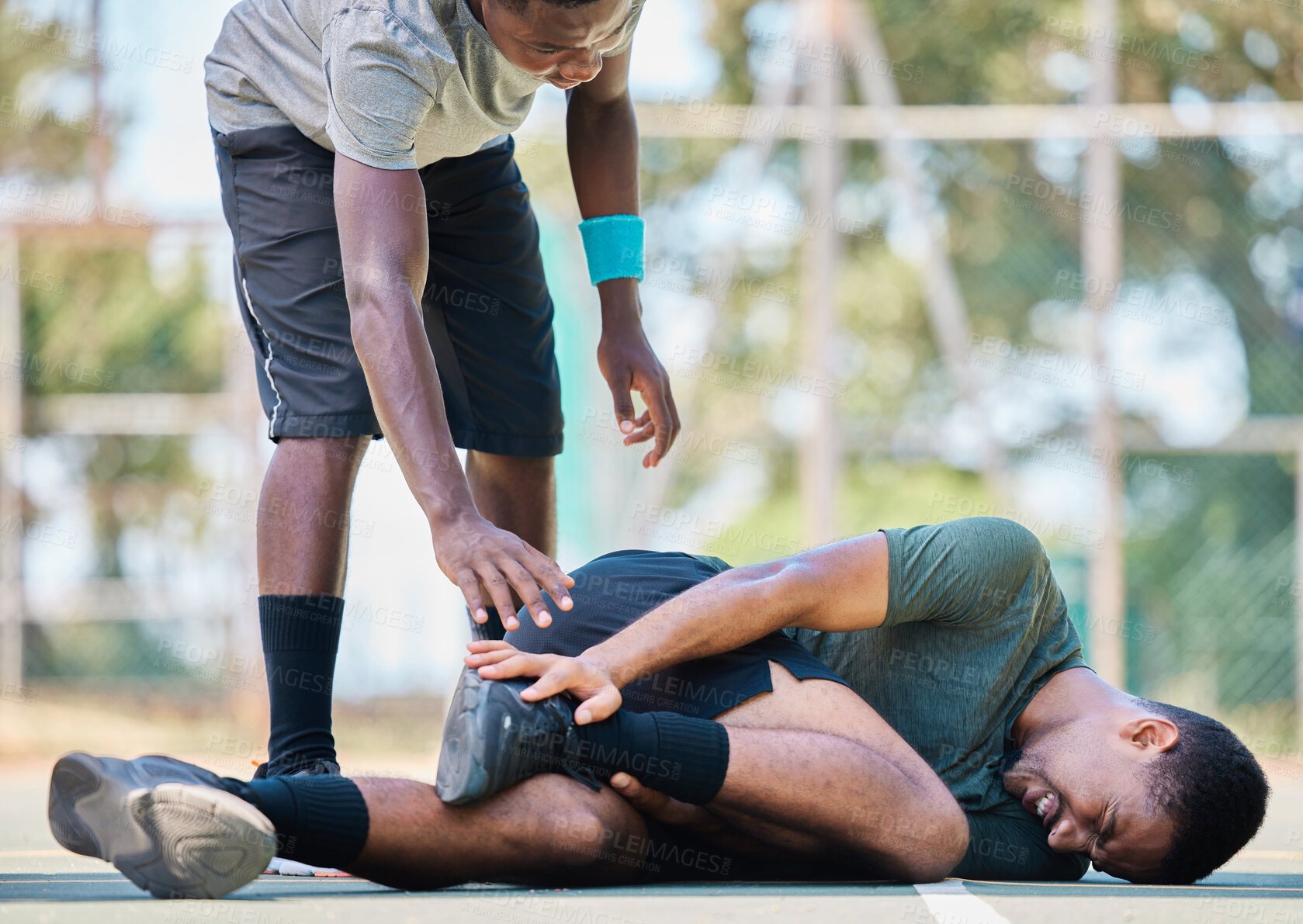 Buy stock photo Basketball player, man with injury, ankle pain and sports trauma, fitness emergency and first aid accident or risk and wound. Black man, basketball court and leg pain, muscle inflammation and problem