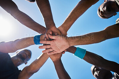 Buy stock photo Hands, teamwork and unity for motivation below in sports collaboration, strategy or game cooperation outside. Hand of group piling for team coordination, agreement or partnership in sport meeting