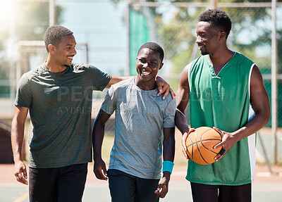Buy stock photo Basketball player, happy friends and walking together in conversation, training or exercise in summer. Team happiness, basketball court and basketball for black man group, outdoor or game in sunshine