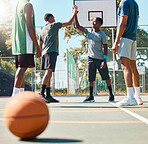 Teamwork, high five and sports with friends on basketball court for exercise, fitness and workout. Winner, success and goals with basketball player training for summer, support and competition games