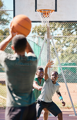 Buy stock photo Basketball court, games and competition, friends and outdoor sports, fitness and energy of goals, performance and action. Basketball player group, men and team challenge, defending and urban training