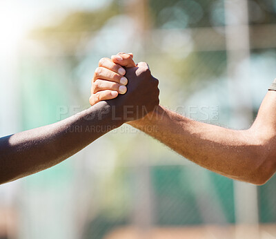 Buy stock photo Handshake, partnership and agreement for trust, support or unity against a blurred background. People shaking hands for teamwork, friendship or deal in meeting, respect or social greeting on mockup