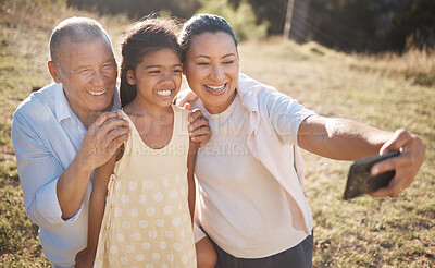 Buy stock photo Selfie, phone and family in countryside for outdoor journey, travel or adventure together with mother, child and senior man. Happy family, Philippines and smartphone photography with kid for holiday