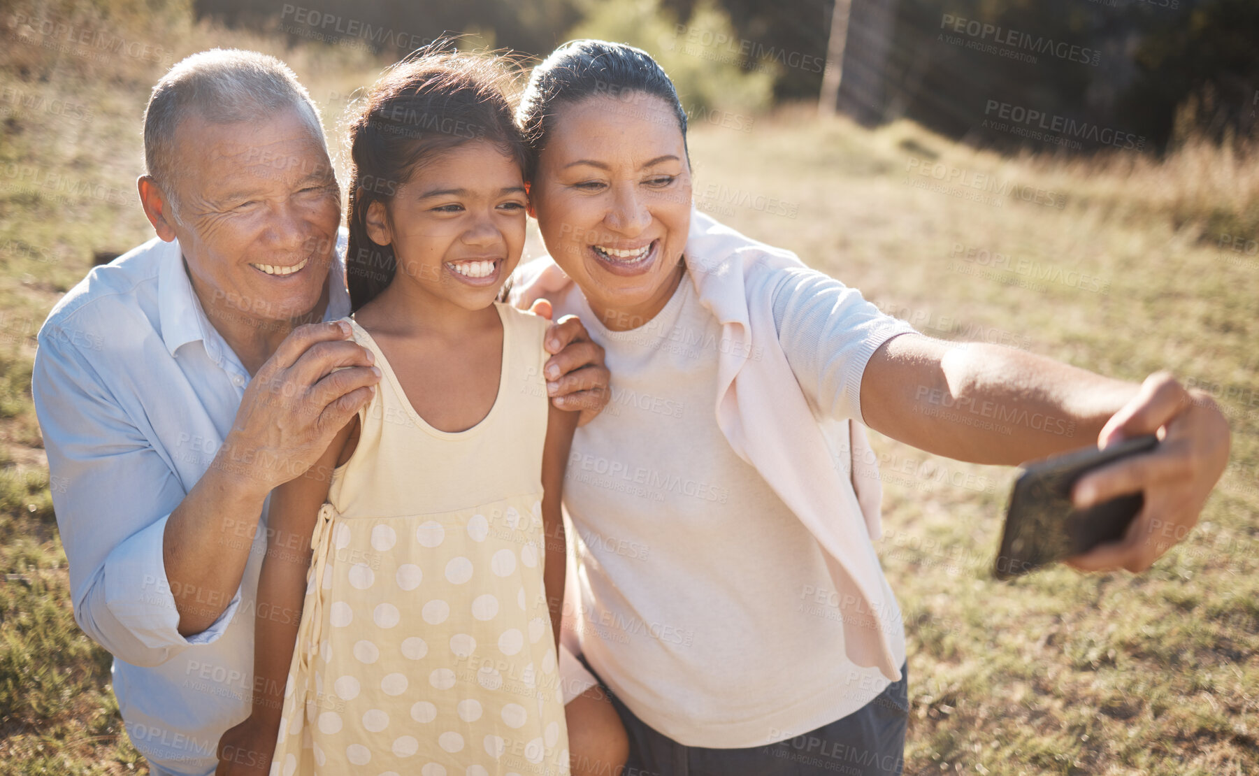 Buy stock photo Selfie, phone and family in countryside for outdoor journey, travel or adventure together with mother, child and senior man. Happy family, Philippines and smartphone photography with kid for holiday