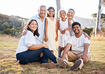 Big family, hug and outdoor park with mother, children and grandparents with family love and care. Portrait of a dad, mom and kids together feeling happy with a smile in nature on summer vacation