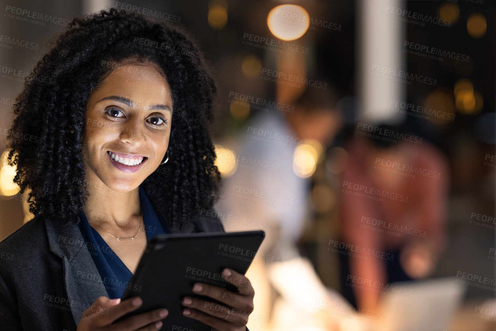 Buy stock photo Face, tablet and night with a business black woman at work overtime late in her company office. Portrait, technology and dark with a female employee working to finish a task or project by deadline