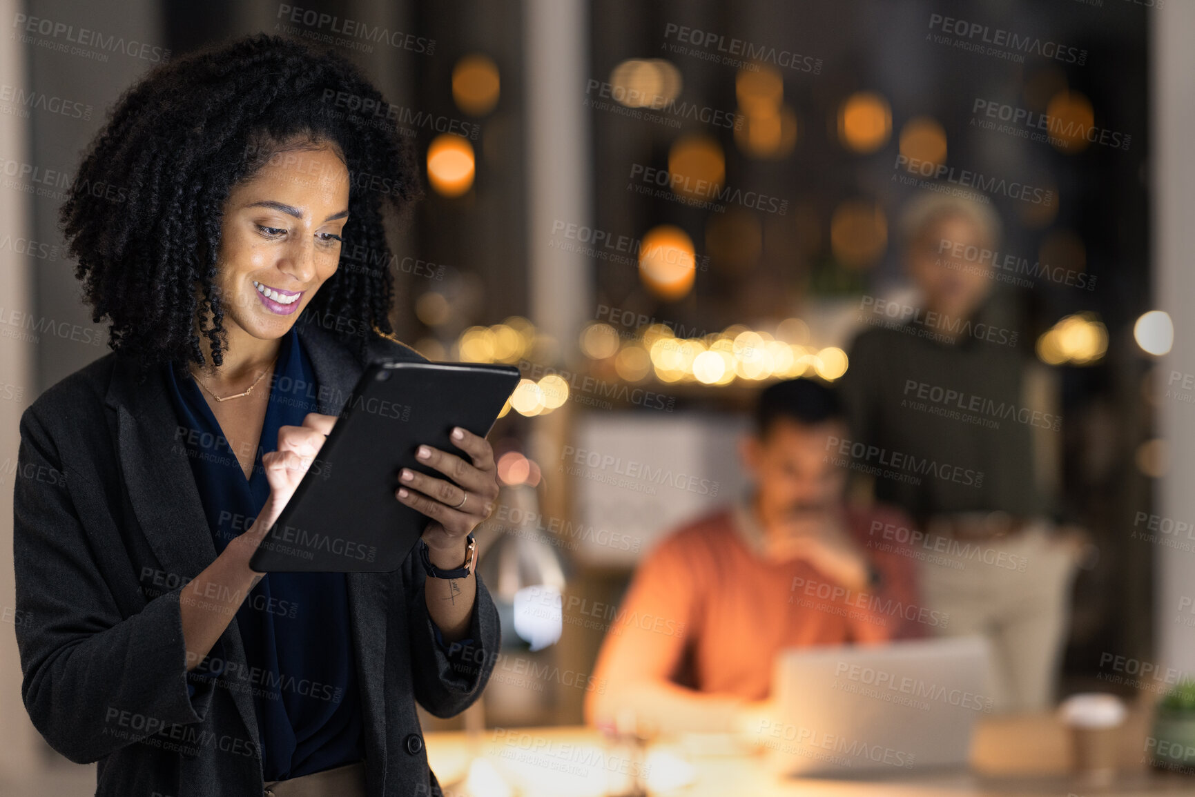 Buy stock photo Night business, black woman and tablet planning, research and online information, web app and technology in marketing agency. Young female entrepreneur, digital management and internet in dark office