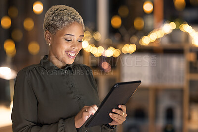 Buy stock photo Business woman, tablet and designer with smile for social media, marketing or advertising on bokeh background. Happy female smiling while working on touchscreen for market research or communication