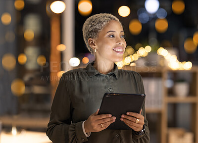 Buy stock photo Night, tablet and business black woman in digital marketing for innovation planning, online strategy and internet research in bokeh office. Happy global manager with analytics report for tech company