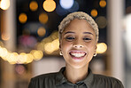 Business portrait, smile and corporate woman worker at night happy and ready to start working late. Professional, startup and young female entrepreneur proud with workplace growth and job vision